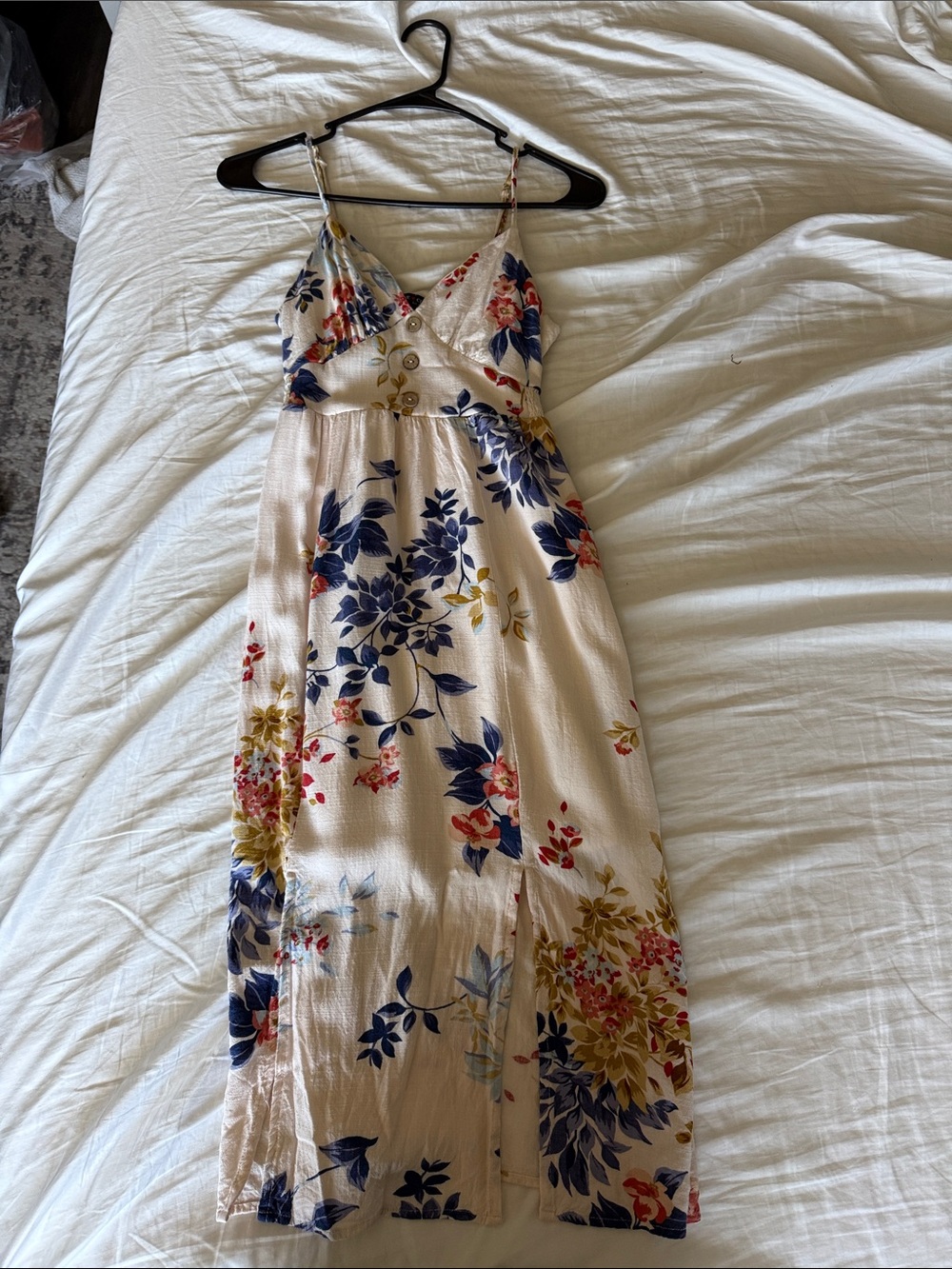 one clothing Cream Floral Midi Dress with Navy & Mustard Accents